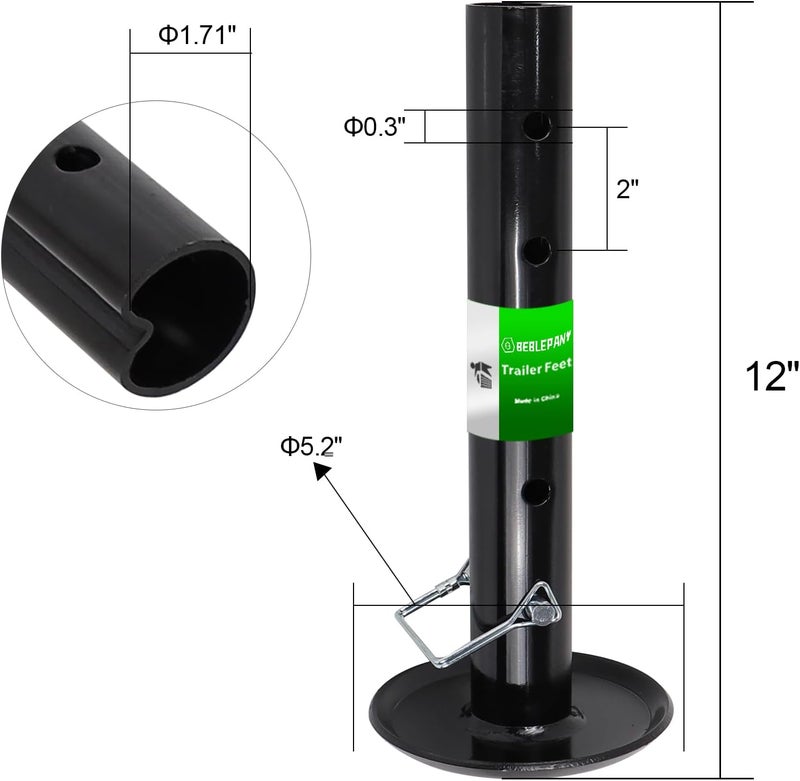 BEBLEPANY Black Adjustable Trailer Jack Foot Plate Fits 2-Inch Diameter Tube,Supports 5,000 lbs Capacity with Pin Base,12" Lift for Boat RV Camper Trailer - Image 1