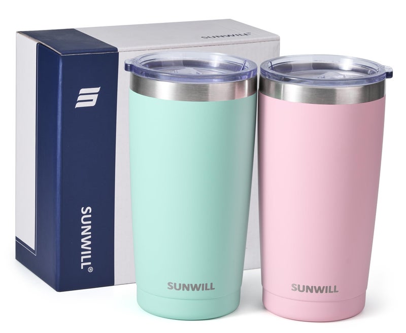 SUNWILL Travel Coffee Mug with Lid, 20 oz Tumbler Set of 2, Insulated Stainless Steel Cup for Water, Tea, Powder Coated Sakura & Mint - Image 5