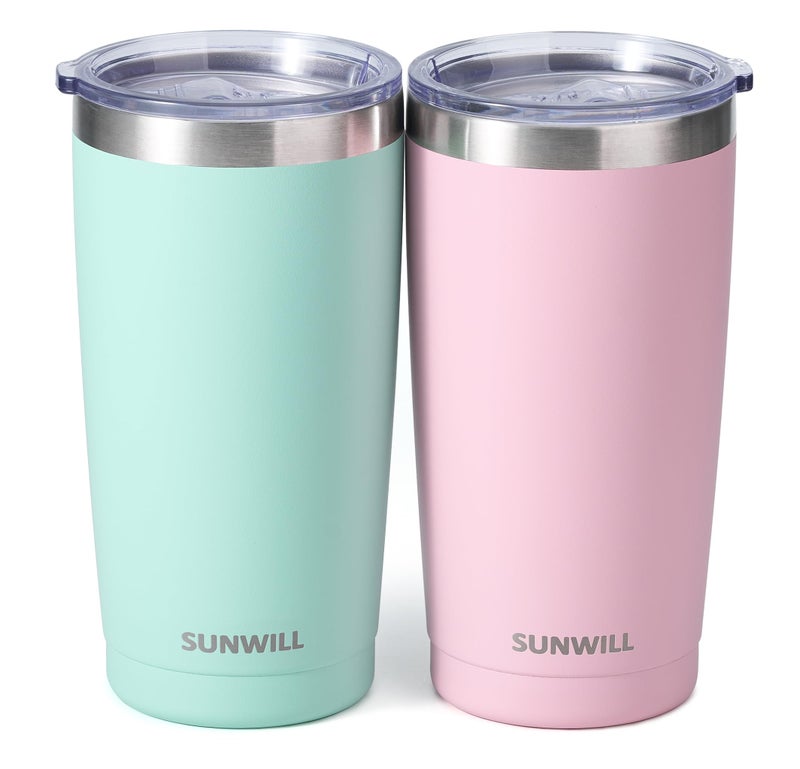 SUNWILL Travel Coffee Mug with Lid, 20 oz Tumbler Set of 2, Insulated Stainless Steel Cup for Water, Tea, Powder Coated Sakura & Mint - Image 1