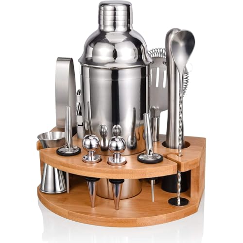 Esmula Bartender Kit with Stylish Bamboo Stand, 12 Piece Cocktail Shaker Set for Mixed Drink, Professional Stainless Steel Bar Tool Set - Cocktail Recipes Booklet(25 oz) - Image 1