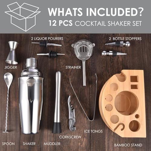 Esmula Bartender Kit with Stylish Bamboo Stand, 12 Piece Cocktail Shaker Set for Mixed Drink, Professional Stainless Steel Bar Tool Set - Cocktail Recipes Booklet(25 oz) - Image 2