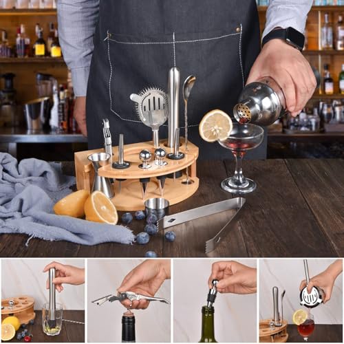 Esmula Bartender Kit with Stylish Bamboo Stand, 12 Piece Cocktail Shaker Set for Mixed Drink, Professional Stainless Steel Bar Tool Set - Cocktail Recipes Booklet(25 oz) - Image 5