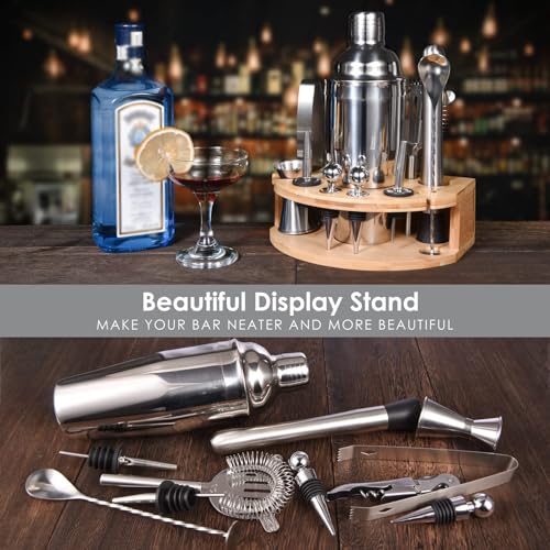Esmula Bartender Kit with Stylish Bamboo Stand, 12 Piece Cocktail Shaker Set for Mixed Drink, Professional Stainless Steel Bar Tool Set - Cocktail Recipes Booklet(25 oz) - Image 4
