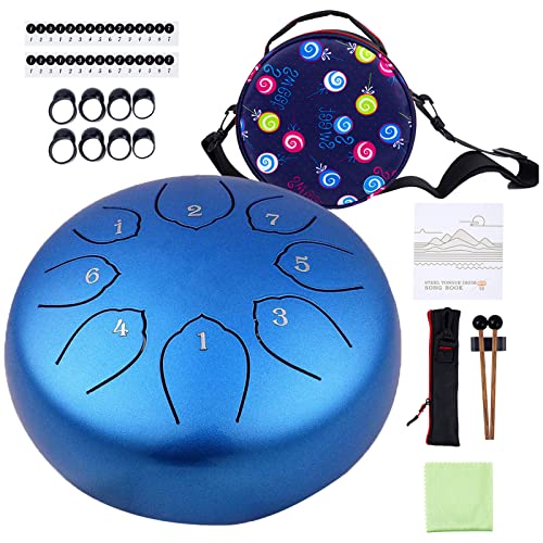 Musfunny Steel Tongue Drum Kids Instrument: Musical Metal Tank Drums Set 6 Inch 8 Notes C-Key for Meditation Yoga Education Percussion with Bag, Music Book, Mallets, Finger Picks(Blue) - Image 1