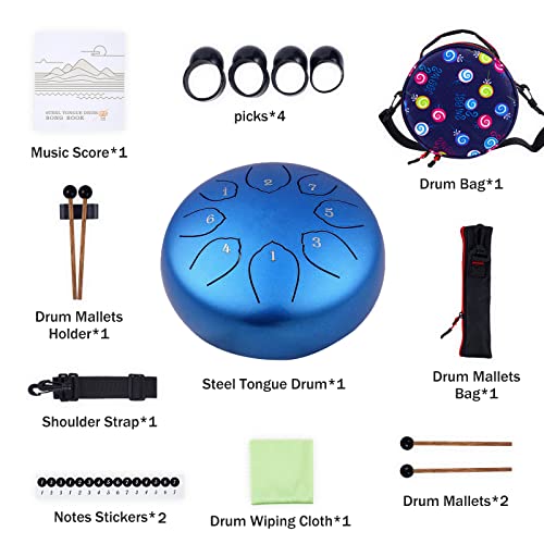 Musfunny Steel Tongue Drum Kids Instrument: Musical Metal Tank Drums Set 6 Inch 8 Notes C-Key for Meditation Yoga Education Percussion with Bag, Music Book, Mallets, Finger Picks(Blue) - Image 2