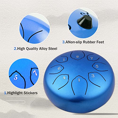 Musfunny Steel Tongue Drum Kids Instrument: Musical Metal Tank Drums Set 6 Inch 8 Notes C-Key for Meditation Yoga Education Percussion with Bag, Music Book, Mallets, Finger Picks(Blue) - Image 3