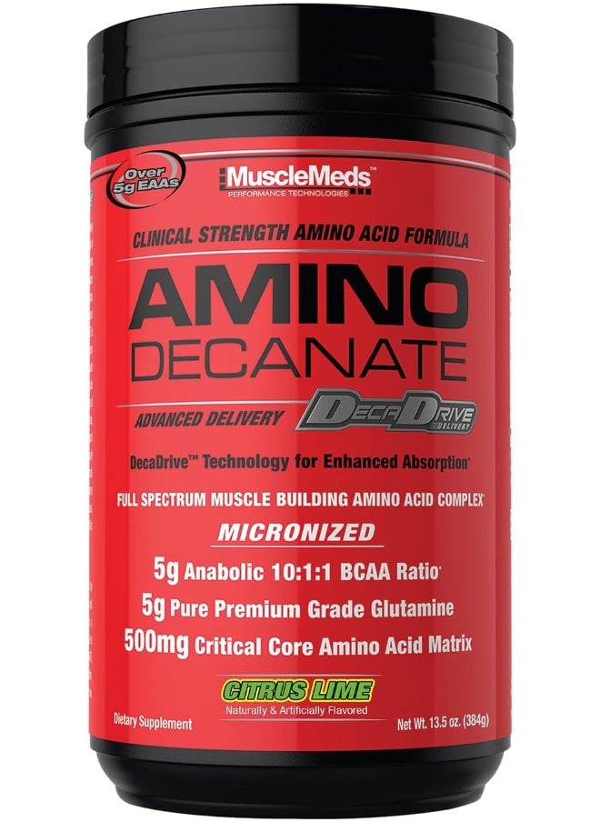 MUSCLEMEDS Amino Decanate, Intra, Post Workout Drink, Full Spectrum Amino Acid Complex, Leucine, Muscle Recovery, 30 Servings (Citrus Lime)  - Image 1