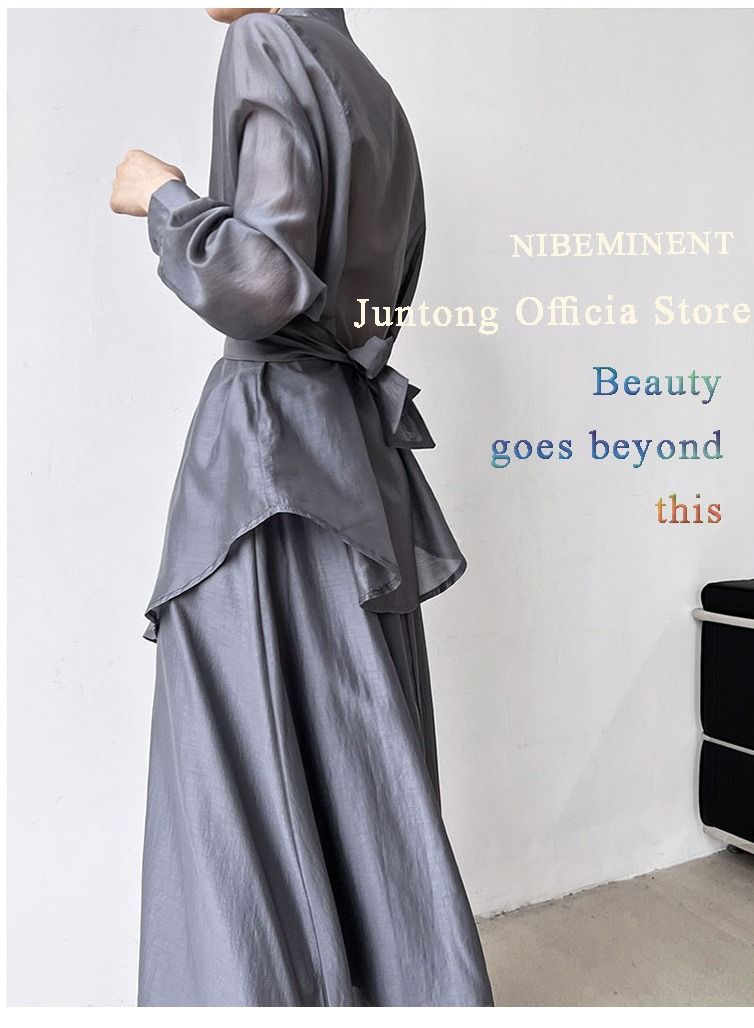 NIBEMINENT Women's Fashion Casual 2 Piece Suit Solid Color Waist  Waist Lace Up Sun Protection Shirt+Loose Drop Feeling Skirt  - Image 2