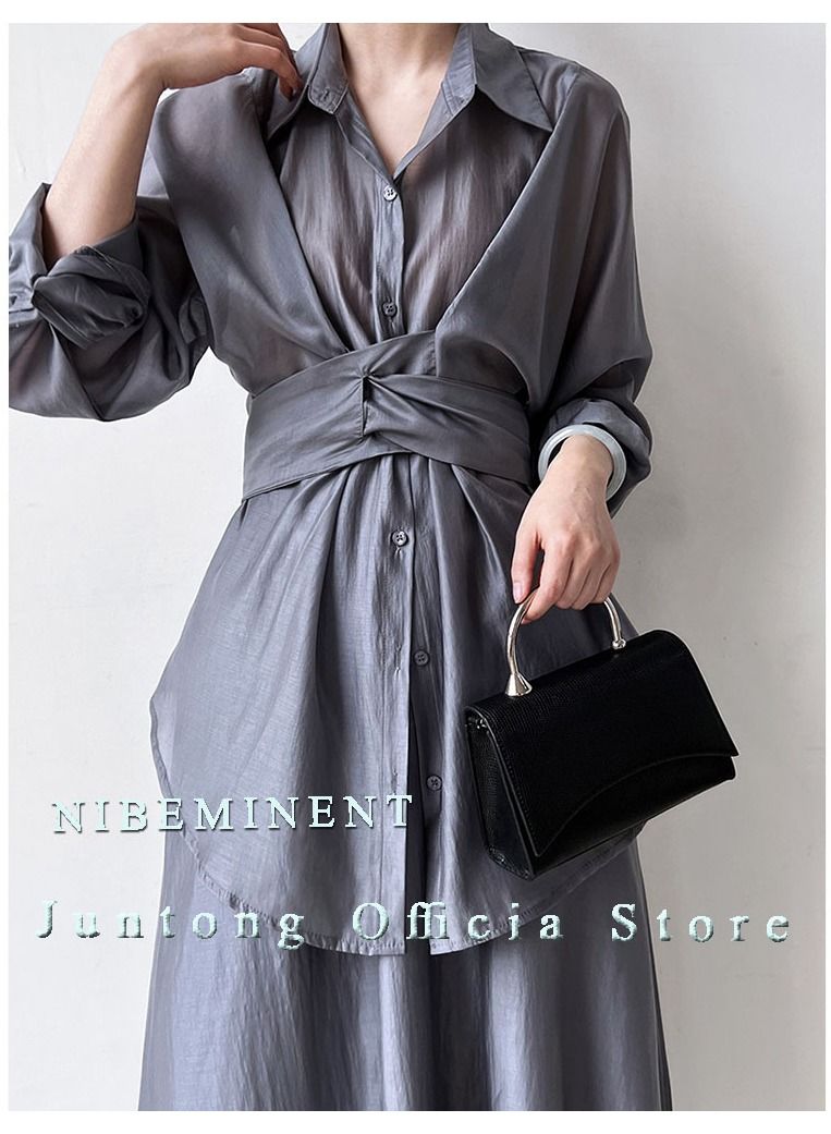 NIBEMINENT Women's Fashion Casual 2 Piece Suit Solid Color Waist  Waist Lace Up Sun Protection Shirt+Loose Drop Feeling Skirt  - Image 5