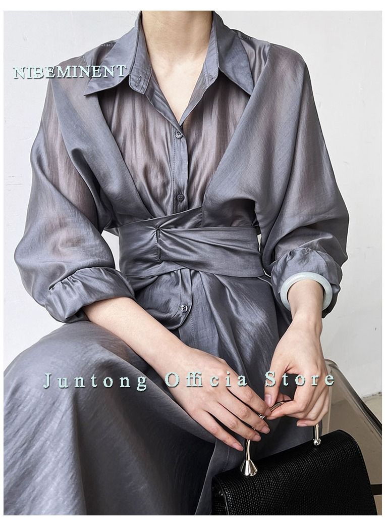 NIBEMINENT Women's Fashion Casual 2 Piece Suit Solid Color Waist  Waist Lace Up Sun Protection Shirt+Loose Drop Feeling Skirt  - Image 3