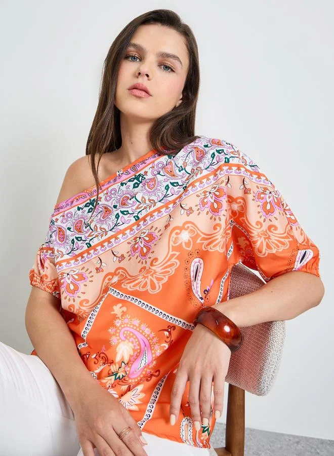 Take Two Multi-Color Graphic Print One Shoulder Blouse