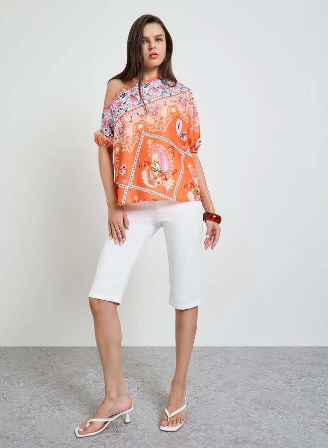 Take Two Multi-Color Graphic Print One Shoulder Blouse