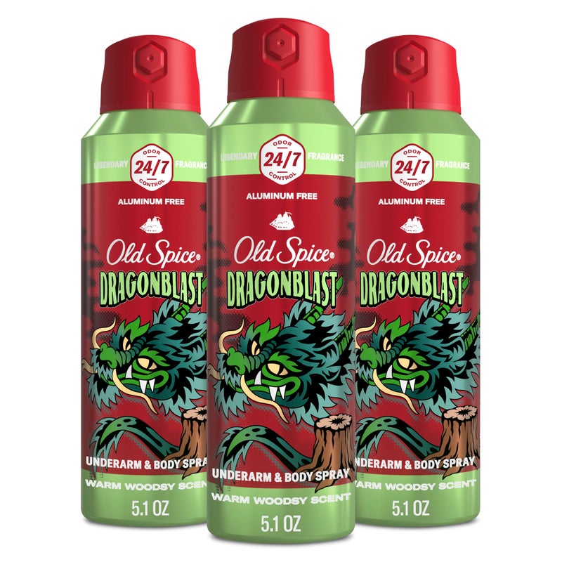 Old Spice Aluminum Free Body Spray for Men, 24/7 Odor Protection, 24/7 Lasting Fragnance & Freshness, Cologne Quality Scent, Dragonblast with Warm Woodsy Scent, 5.1 oz (Pack of 3) - Image 1