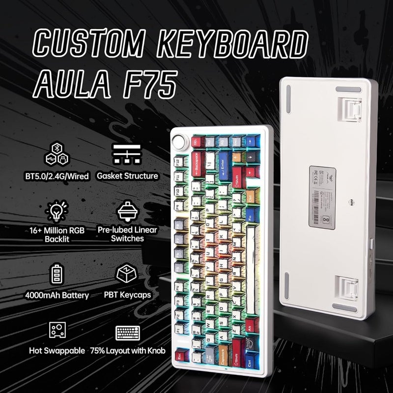Aula F75 Pro Wireless Gaming Keyboard 75 Gasket Mount Hot-Swappable Mechanical Keyboard with Rotary Knob RGB Backlit Sound-Dampened Reaper Switches Side-Printed PBT Keycaps Bluetooth 5.0/ 2.4GHz/ USB-C Connectivity Gradient Design - Image 3