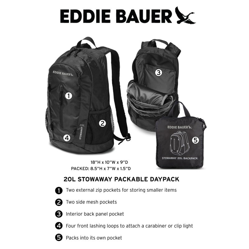 Eddie Bauer Stowaway Packable Backpack-Made from Ripstop Polyester, Onyx, 20L - Image 2