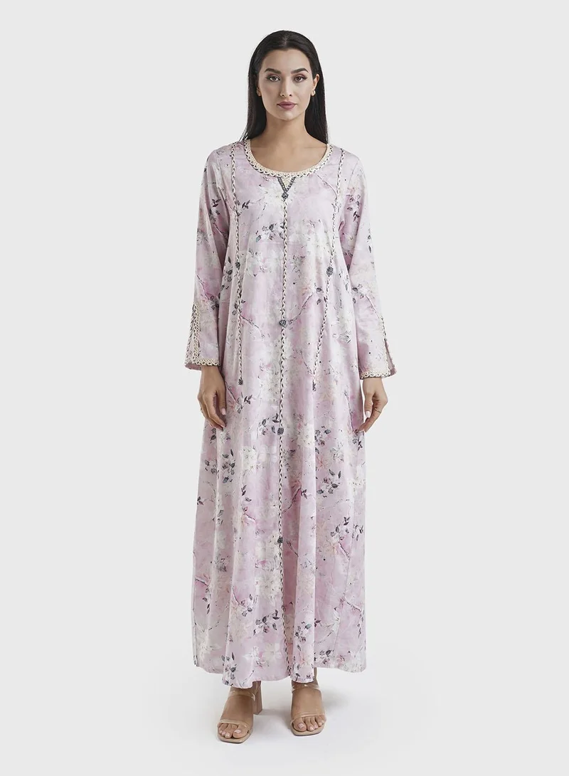 KASHKHA Cotton Babypink Floral Print Jalabiya (VDP129A)