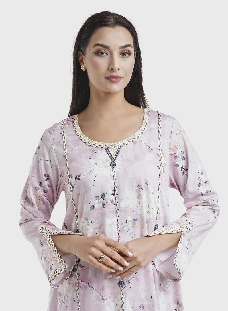KASHKHA Cotton Babypink Floral Print Jalabiya (VDP129A)