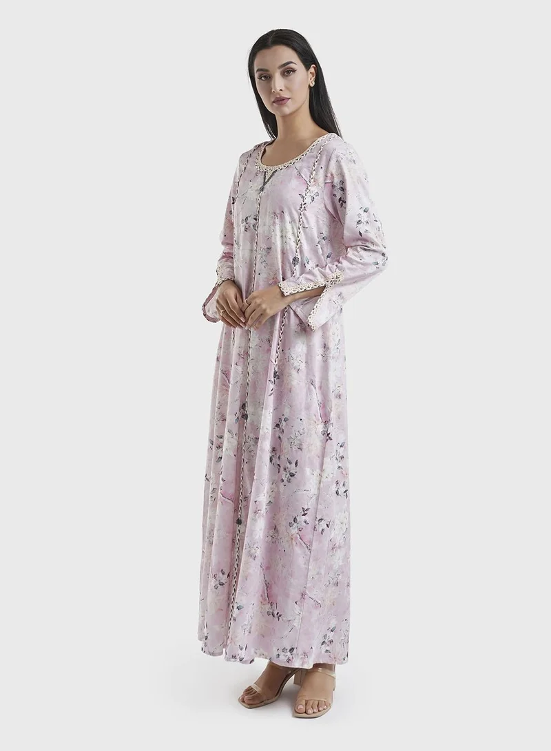 KASHKHA  Cotton Babypink Floral Print Jalabiya (VDP129A) for Women | Best Price UAE