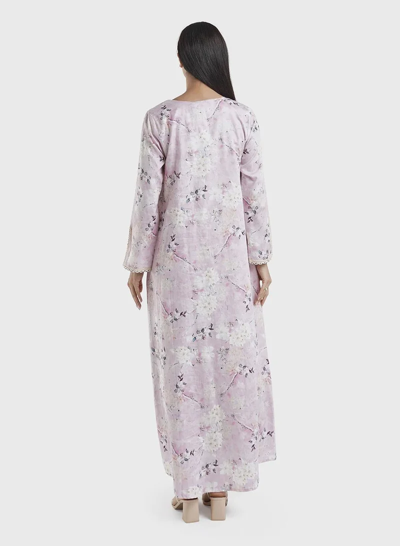 KASHKHA  Cotton Babypink Floral Print Jalabiya (VDP129A) for Women | Best Price UAE