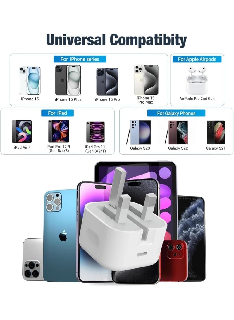 20W USB-C Power Adapter with Type-C Cable for iPhone 16/15/17 Pro/Pro Max, iPad, Galaxy Phones, Foldable Plug, White, 1 Meter Braided Cable - Image 3