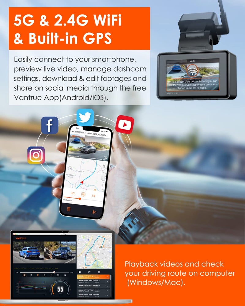 Vantrue E2 Dash Cam Front and Rear, 2.7K Upgrade Rear Cam, Dual STARVIS, 2.7K + 2.7K Dash Camera for Cars, Voice Control, WiFi, GPS, Night Vision, 24H Parking Mode, G-Sensor, 2.45" IPS, Support 512GB - Image 4