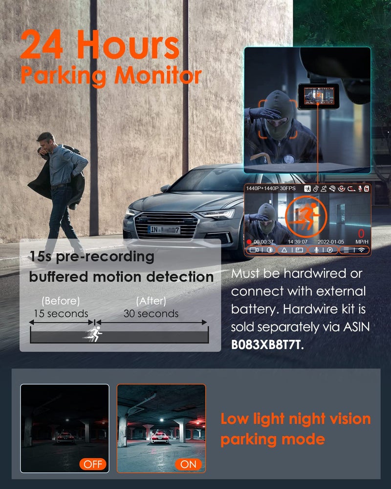 Vantrue E2 Dash Cam Front and Rear, 2.7K Upgrade Rear Cam, Dual STARVIS, 2.7K + 2.7K Dash Camera for Cars, Voice Control, WiFi, GPS, Night Vision, 24H Parking Mode, G-Sensor, 2.45" IPS, Support 512GB - Image 5