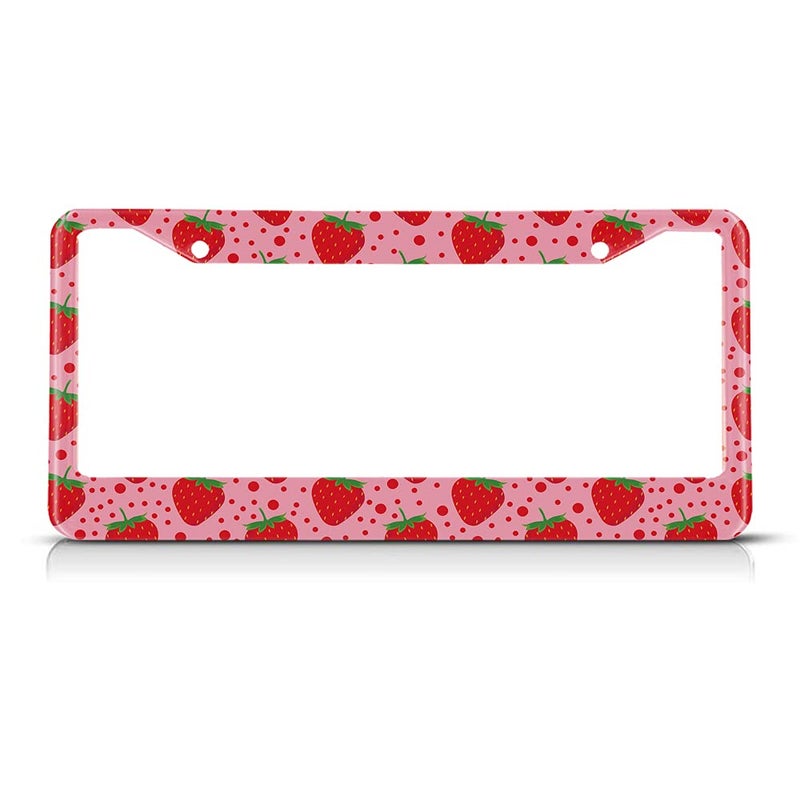 Beabes Cute Strawberry Pattern Fruit Pink License Plate Holder Polka Dots Red Frame License Plate Cover Car Accessories 2 Holes Novelty Auto Car Tag Vanity Gift