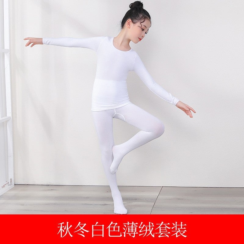 Factory wholesale autumn and winter fleece-lined childrens dance clothing childrens performance clothing invisible underwear girls high elastic dance socks White set 