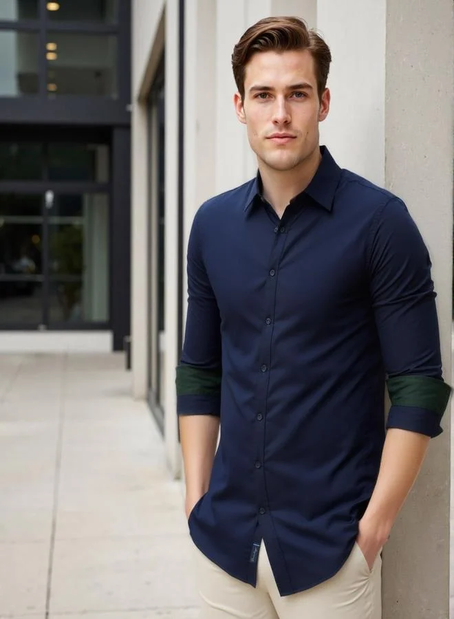 Men's Navy Cotton Blend Solid Button Down Regular Fit Shirt