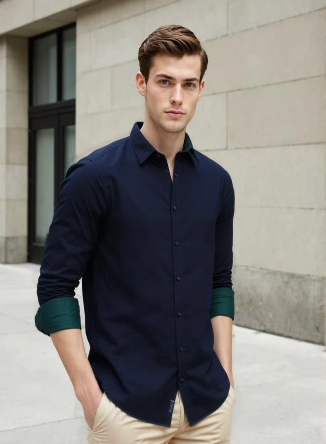 دينيس لينغو قميص رجالي كحلي قطن سادة بأزرار بقصة عادية