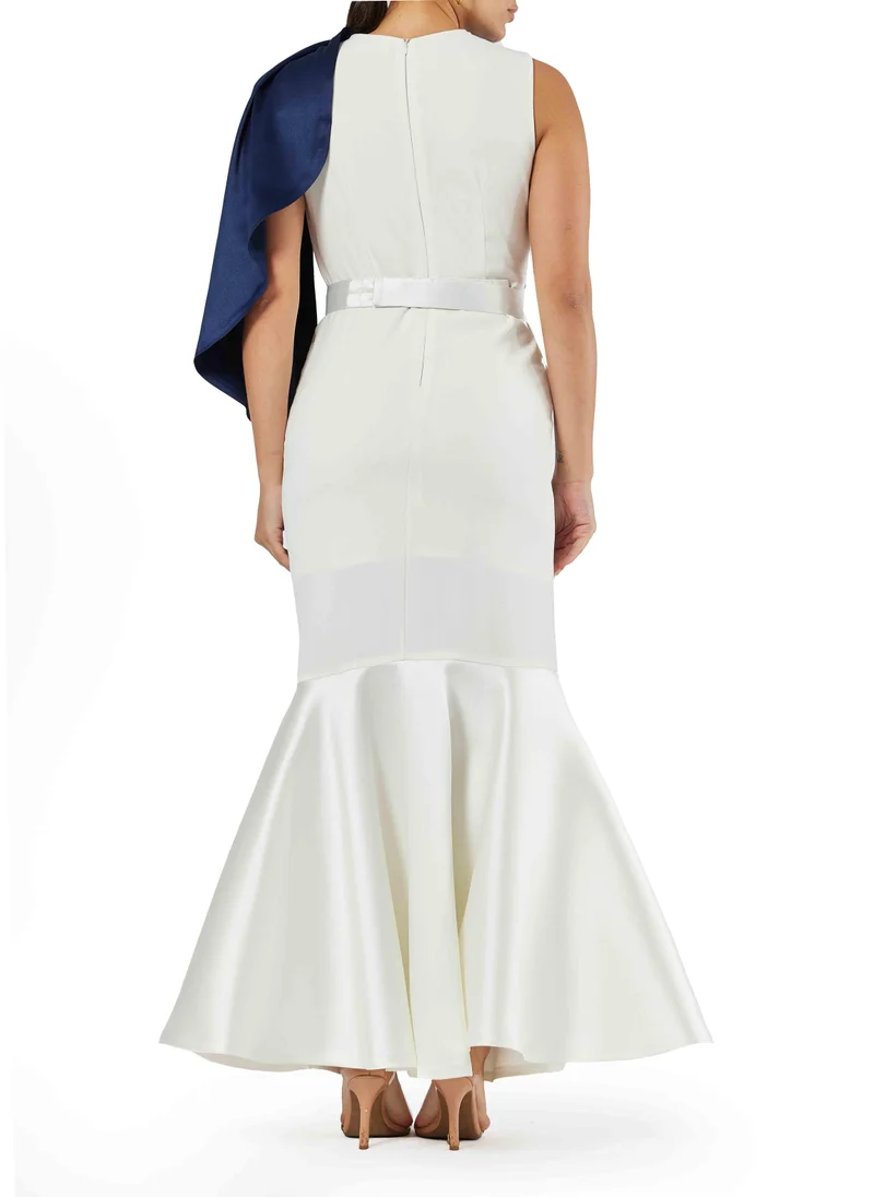 Amri Long Mermaid Dress with Satin Drape and Statement Oversized Sleeve