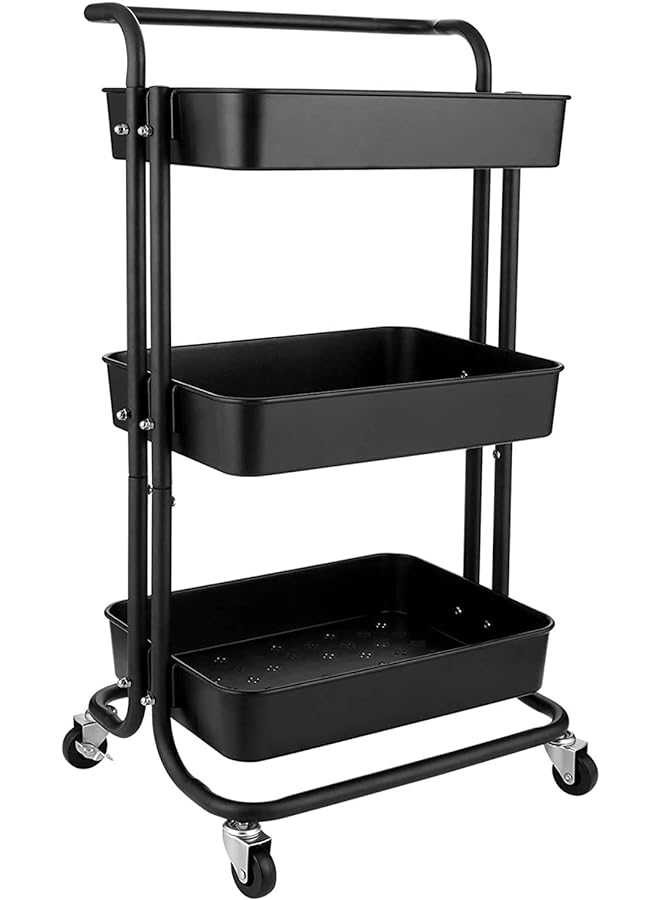 Zaboon Rolling Utility Cart Storage Shelves Multifunction Storage Trolley Service Cart With Mesh Basket Handles And Wheels Easy Assembly For Bathroom Kitchen Office (Black) - Image 1