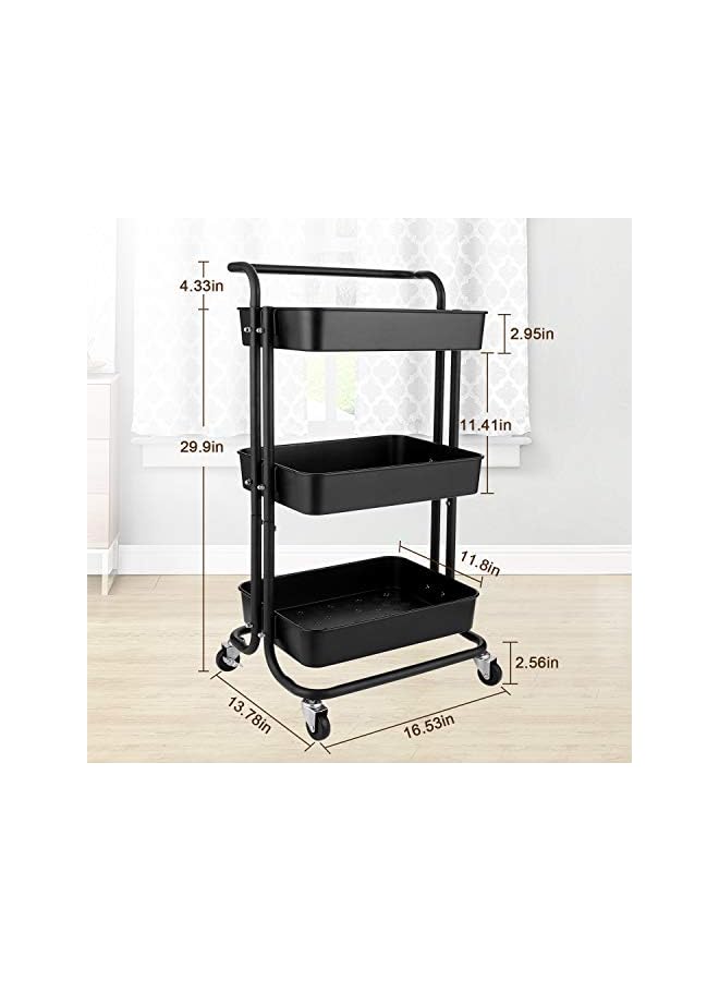 Zaboon Rolling Utility Cart Storage Shelves Multifunction Storage Trolley Service Cart With Mesh Basket Handles And Wheels Easy Assembly For Bathroom Kitchen Office (Black) - Image 3