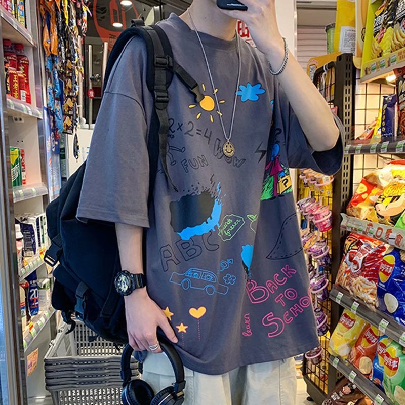 Summer T-shirt Mens Loose Half-sleeve Hong Kong-style Trendy ins Hip-hop Graffiti Short-sleeve Trendy Brand New Half-sleeve Top Dark gray  - Image 4