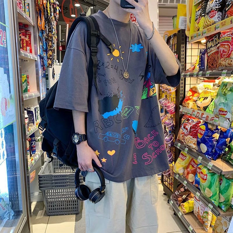 Summer T-shirt Mens Loose Half-sleeve Hong Kong-style Trendy ins Hip-hop Graffiti Short-sleeve Trendy Brand New Half-sleeve Top Dark gray  - Image 1