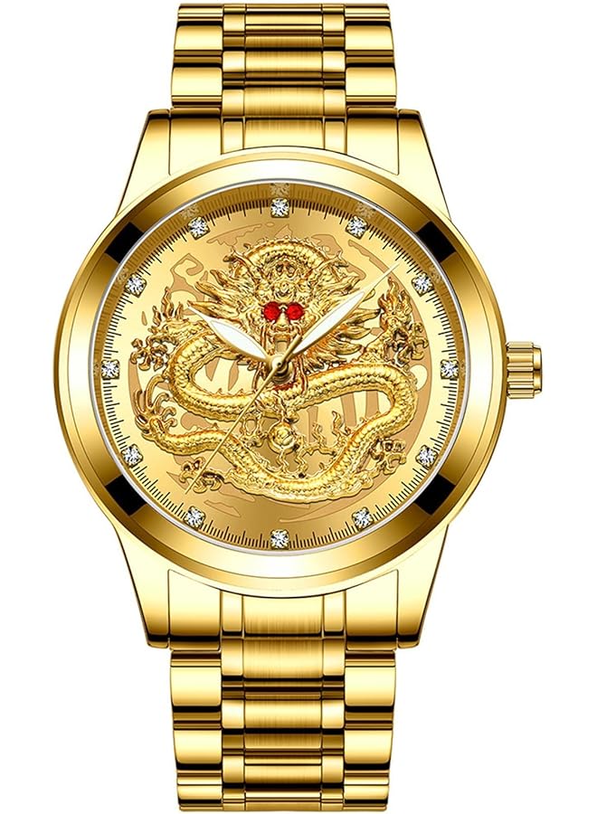 KASTWAVE Men Stainless Steel Quartz Wristwatch With Engraved Dragon Dial Analog Display Luminous Hands Stylish And Durable Timepiece For Everyday Wear - Image 1