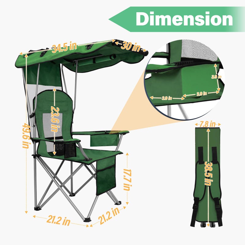 BDL Camping Chair with Canopy Shade Portable Folding Beach Chairs with Cooler, Mesh Backrest, Cup Holder, and Pocket for Camping, Fishing, Beach, and Sports,Green - Image 4