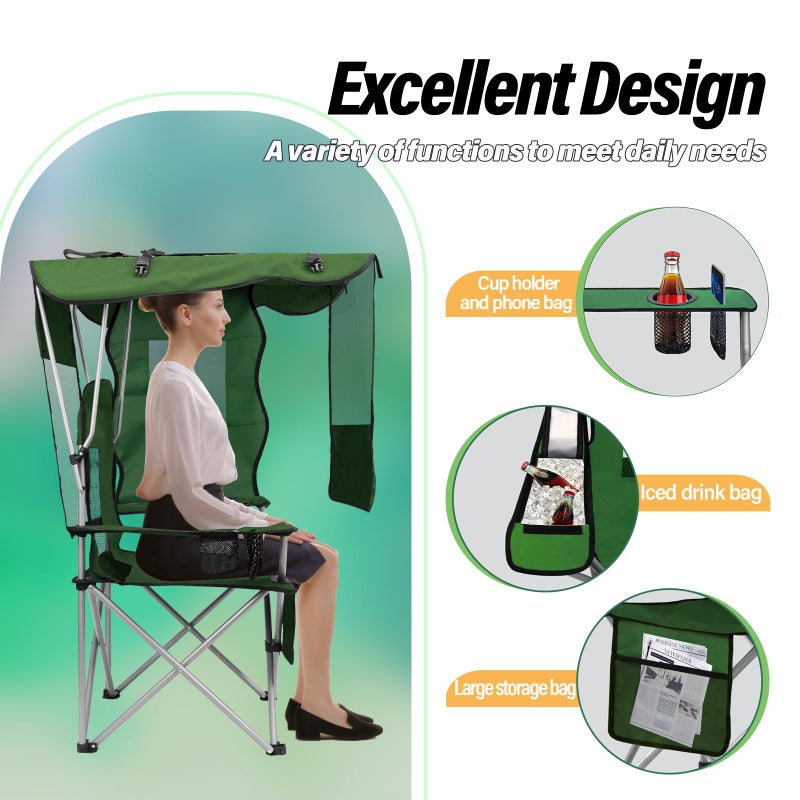 BDL Camping Chair with Canopy Shade Portable Folding Beach Chairs with Cooler, Mesh Backrest, Cup Holder, and Pocket for Camping, Fishing, Beach, and Sports,Green - Image 3