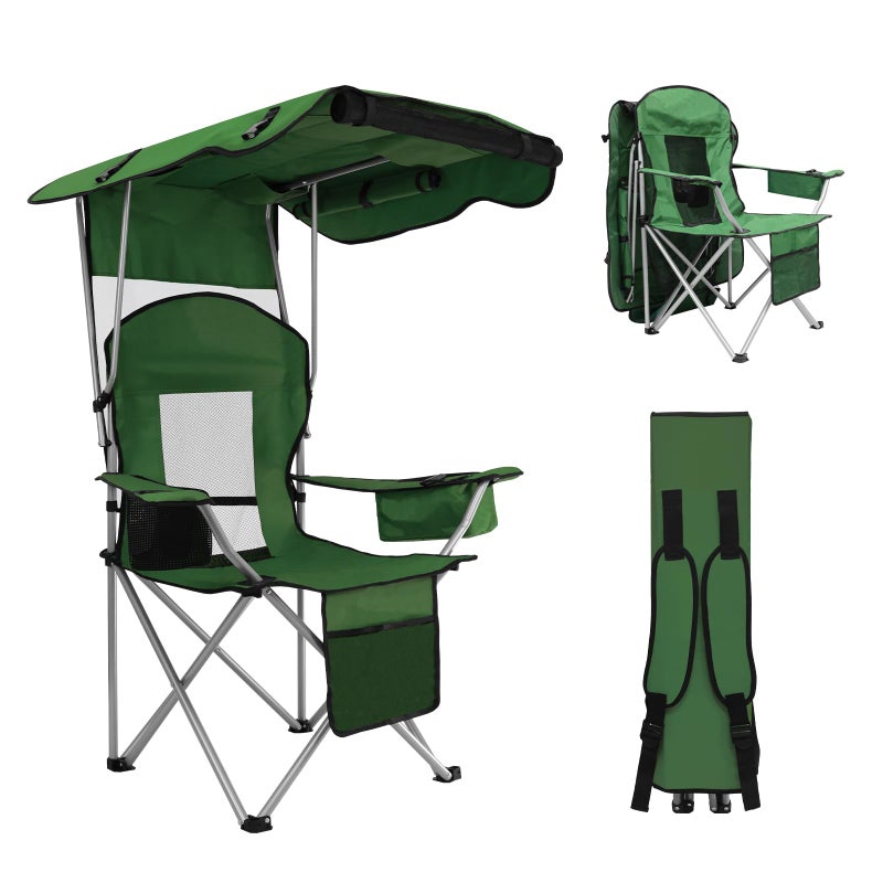 BDL Camping Chair with Canopy Shade Portable Folding Beach Chairs with Cooler, Mesh Backrest, Cup Holder, and Pocket for Camping, Fishing, Beach, and Sports,Green - Image 1