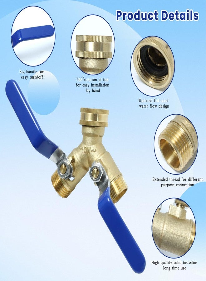 Gabrella Garden Hose Y Valve Splitter Brass Hose Splitter, 3/4" GHT Thread 2 Way Heavy Duty Valve Water Garden Hose Tap Adapter, Long Handle Outdoor Full Flow Hose Splitter Connector - Image 3