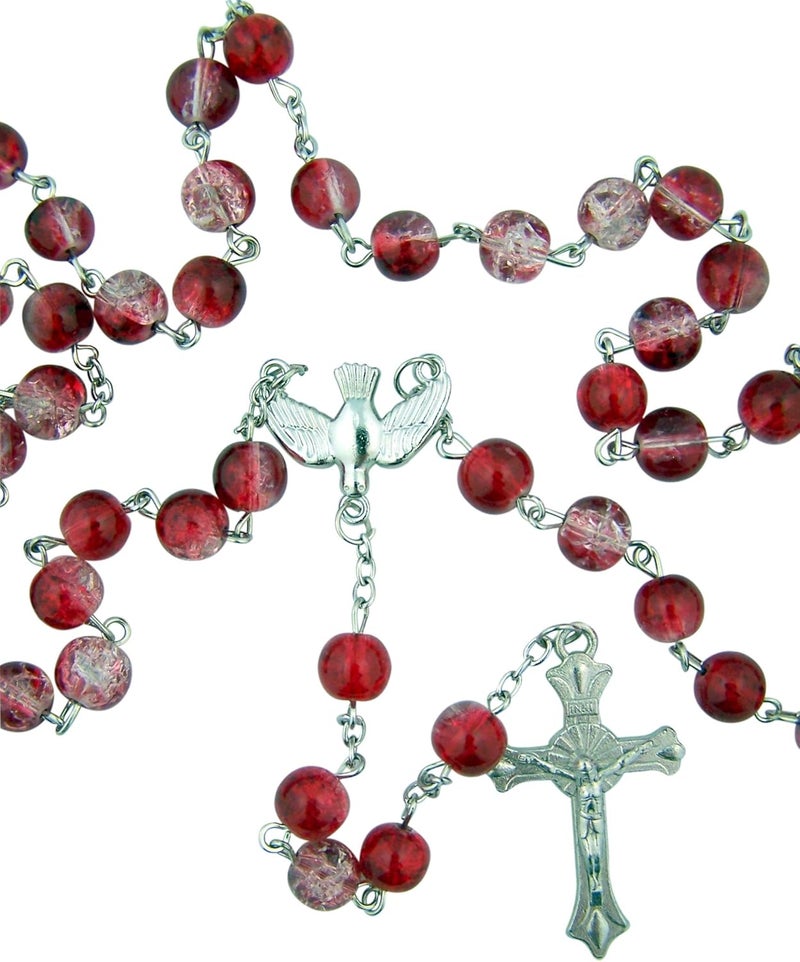 CB 21 Inch Red Crackle Glass Bead Rosary Necklace - Image 1