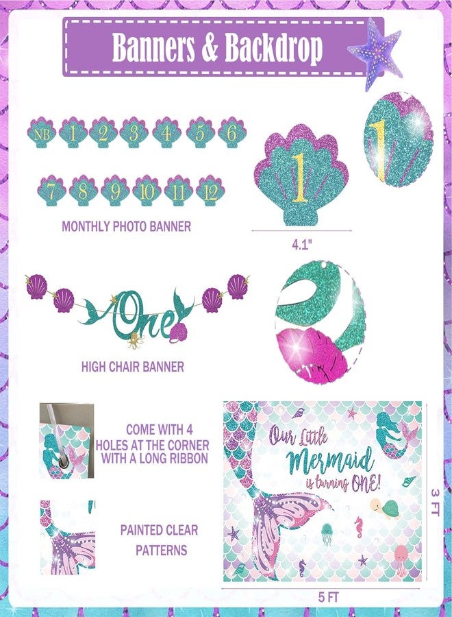 Hombae Mermaid 1st Birthday Decorations, 124PCs - Oneder the Sea Party Supplies Girl with Our Little Mermaid Is Turning One Backdrop, Balloon Garland, Banner, Crown, Poster, Cake Topper - Image 3