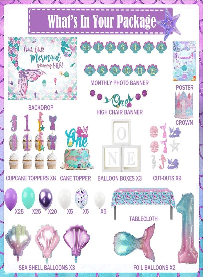 Hombae Mermaid 1st Birthday Decorations, 124PCs - Oneder the Sea Party Supplies Girl with Our Little Mermaid Is Turning One Backdrop, Balloon Garland, Banner, Crown, Poster, Cake Topper - Image 2