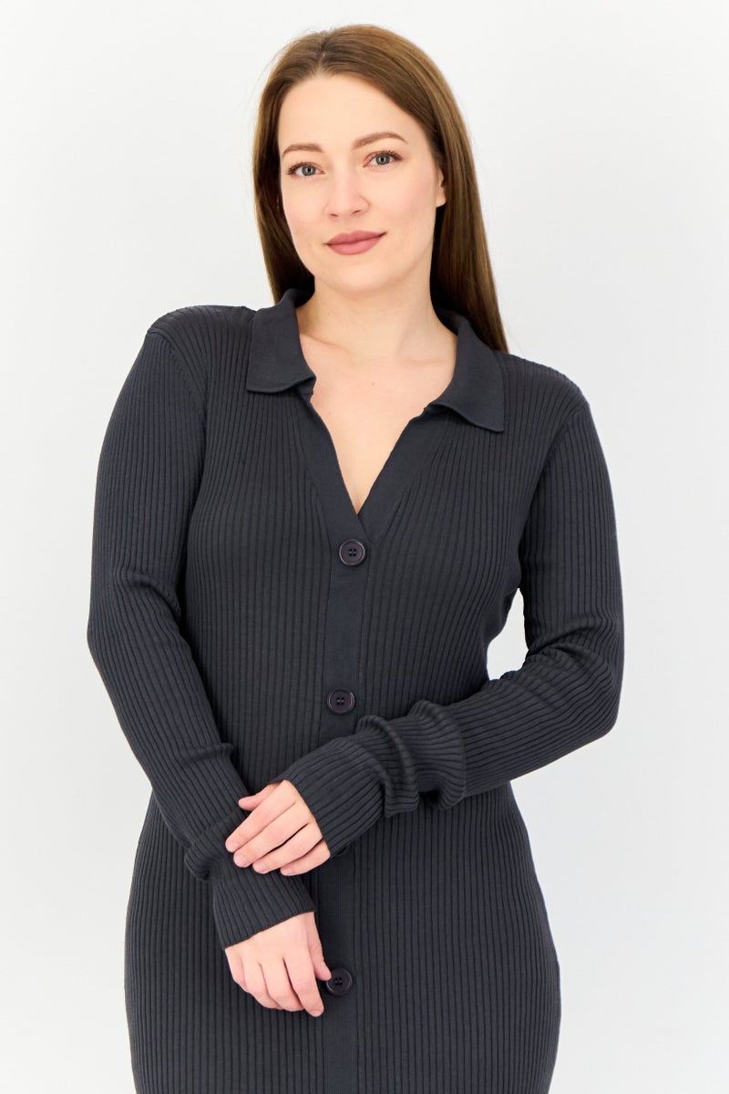 Threadbare Women Textured Midi Dress, Grey - Image 2