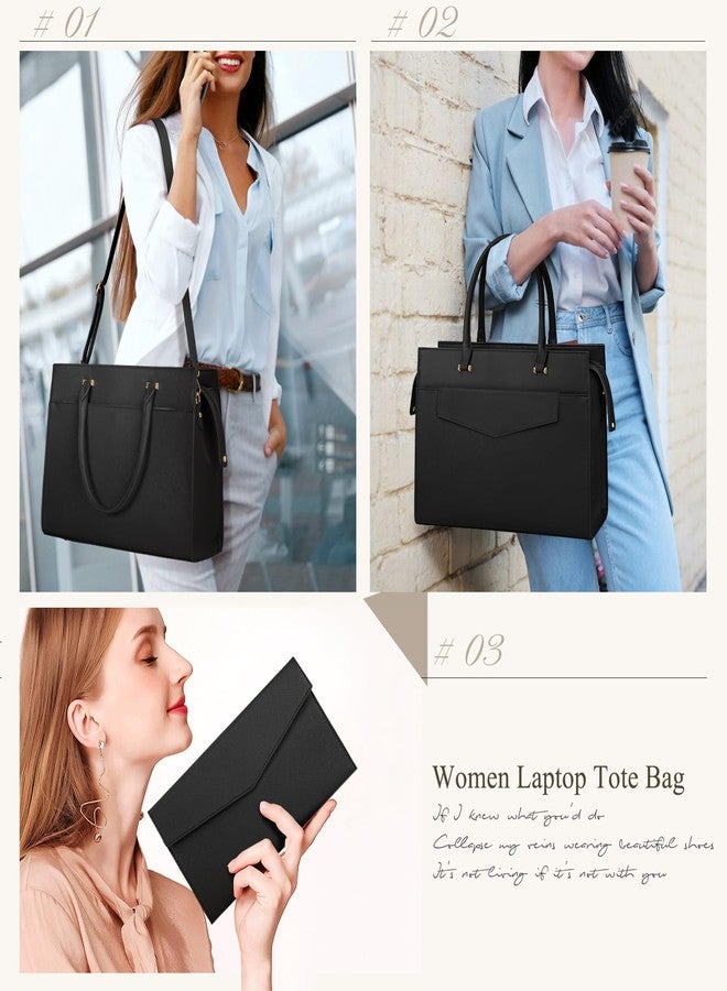 NEWHEY Laptop Bag for Women 15.6 inch Leather Tote Bag 2pcs Set Professional Work Bag with Clutch Purse Large Office Computer Tote Teacher Purse Shoulder Bag, Black - Image 2