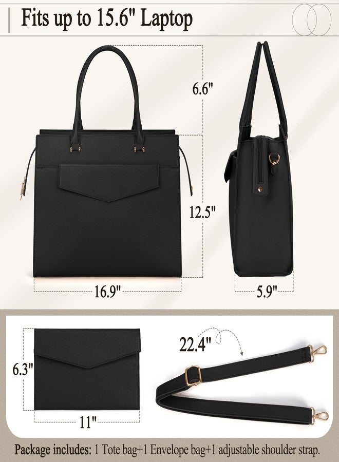 NEWHEY Laptop Bag for Women 15.6 inch Leather Tote Bag 2pcs Set Professional Work Bag with Clutch Purse Large Office Computer Tote Teacher Purse Shoulder Bag, Black - Image 5