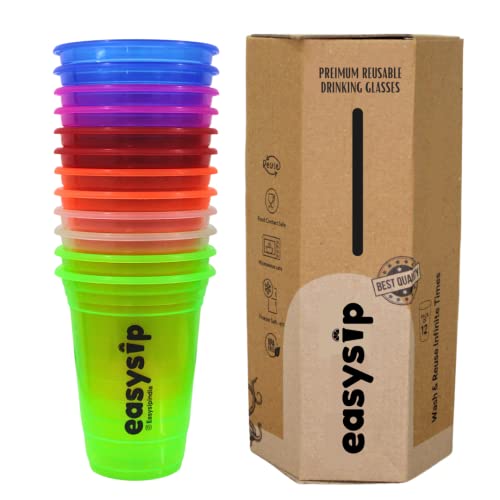 Easy Sip Reusable Party Glasses | Drinking Glass | BPA-Free | Leak Proof House Party Dispenser | Colourful Juice Tumbler Assorted Cups | Pack of 12 (400 ML - Multicolour) - Image 1