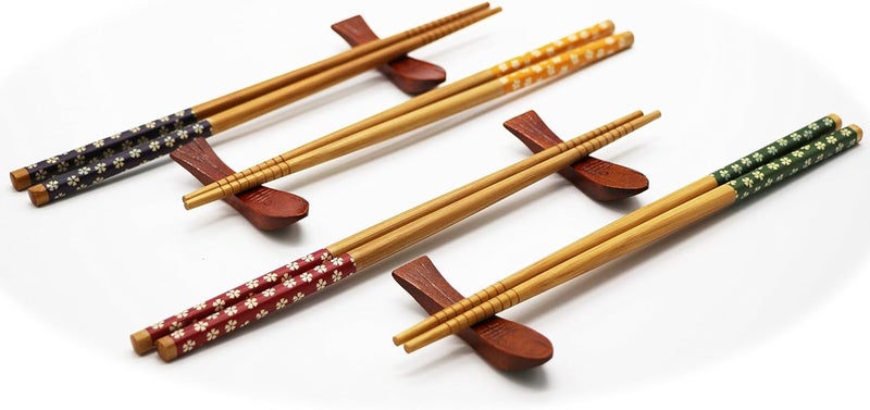 Exzact Chopsticks Gift Set 4 Pairs Reusable Natural Bamboo with 4 pcs Wooden Chopstick Rests – in a Beautiful Black Handmade Box – Decorated Japanese Style - Image 3