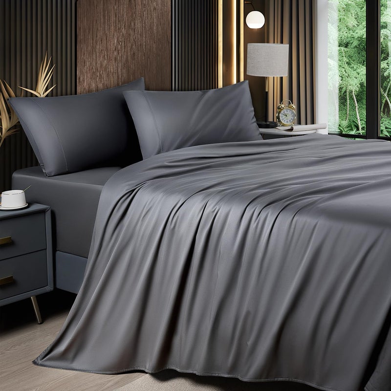 Bamboo Sheets Dark Grey Full 4 Piece Set Shockingly Soft Silky Fabric - Temperature Regulating Moisture Wicking Cooling Bedding for Hot Sleepers Night Sweaters Home Use - Image 1
