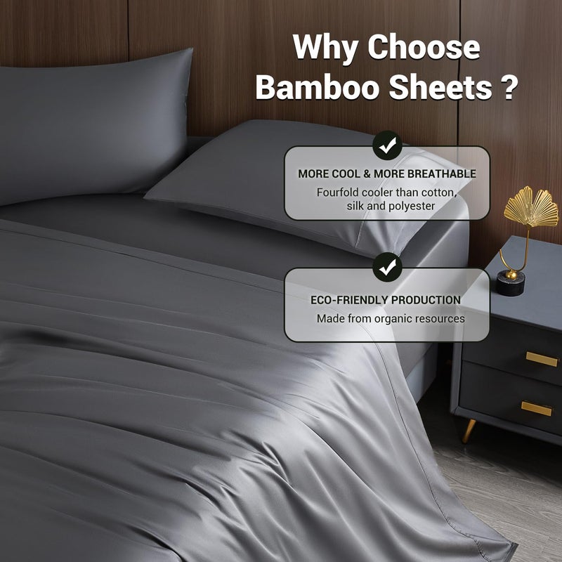Bamboo Sheets Dark Grey Full 4 Piece Set Shockingly Soft Silky Fabric - Temperature Regulating Moisture Wicking Cooling Bedding for Hot Sleepers Night Sweaters Home Use - Image 2